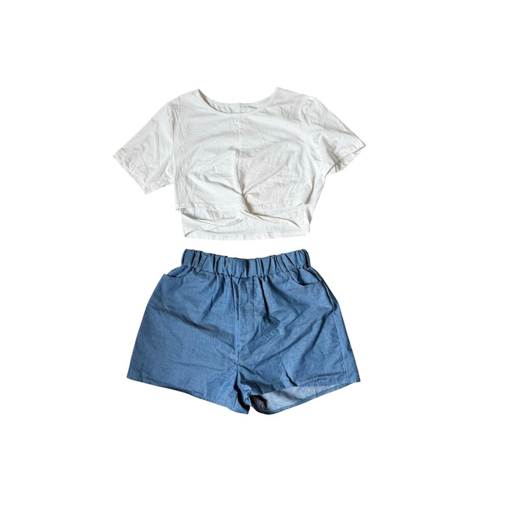 Shein White Twisted Top Denim Shorts Two Piece Set Size Medium